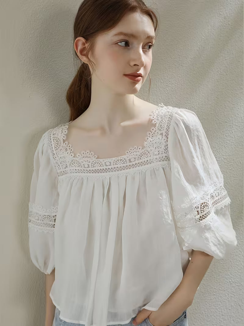 White Square-neck Lace Blouse, French-style Vintage Lace Top with Puff Sleeves