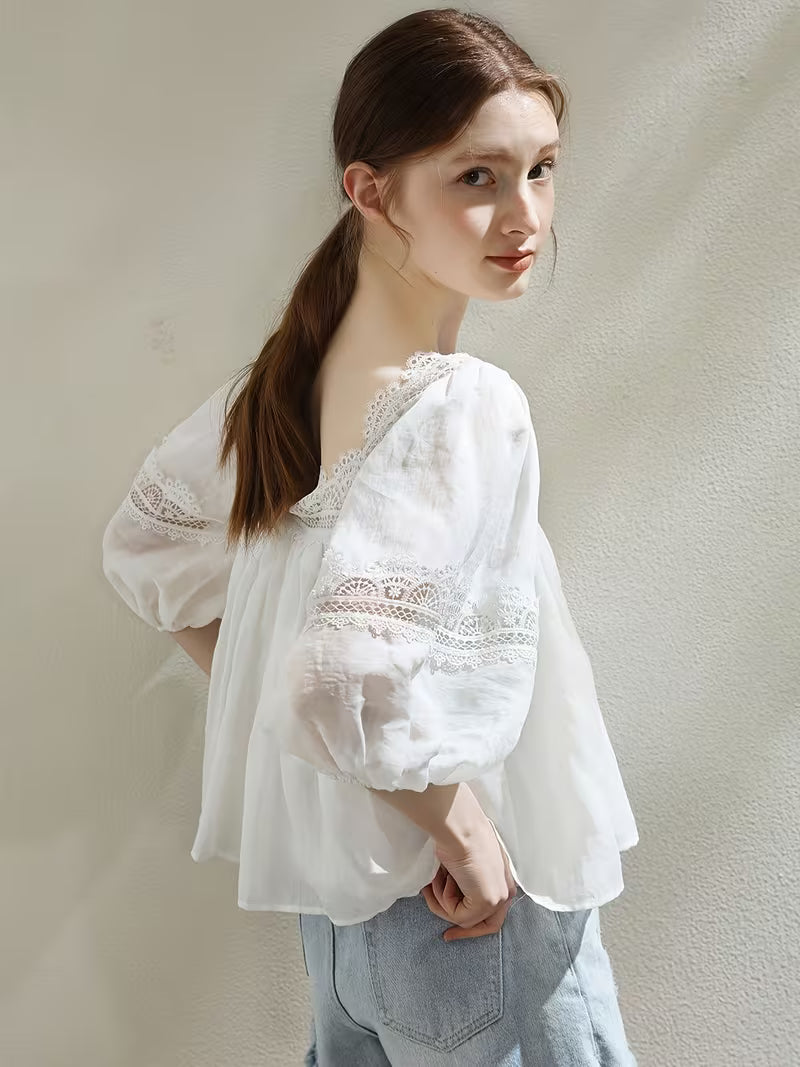 White Square-neck Lace Blouse, French-style Vintage Lace Top with Puff Sleeves