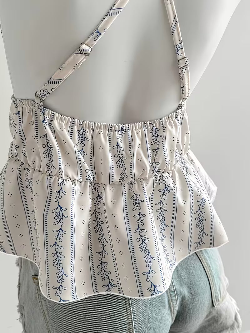 Women's Elegant Floral Neckline Fabric Backless Strapless Ruffled Trim Cropped Vest-style Top, Cute and Casual, Simple and Elegant, Versatile, Suitable for Daily Wear