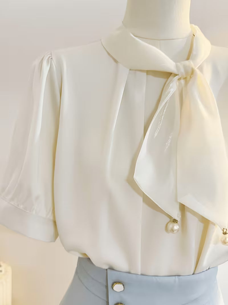 2026 Summer New Arrival French-Style Gentle Tie Bow Short Sleeve Shirt, Designer Temperament Blouse, Commuter Top