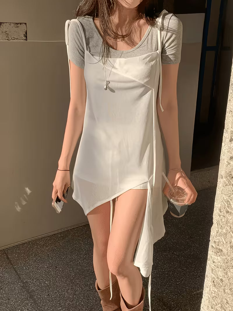 Korean Style Daily Sweet Design Sense Tie-Up Asymmetrical Camisole Layered Vest Dress Walking