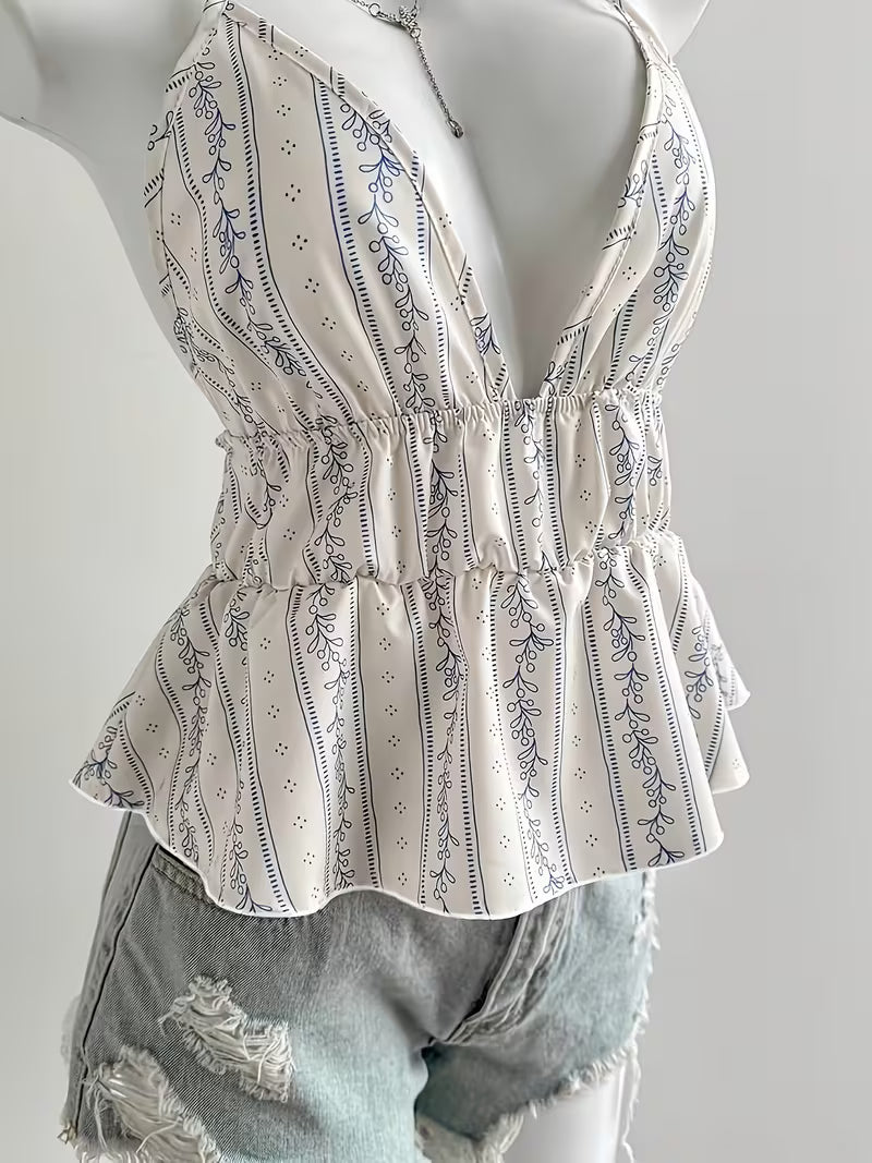 Women's Elegant Floral Neckline Fabric Backless Strapless Ruffled Trim Cropped Vest-style Top, Cute and Casual, Simple and Elegant, Versatile, Suitable for Daily Wear