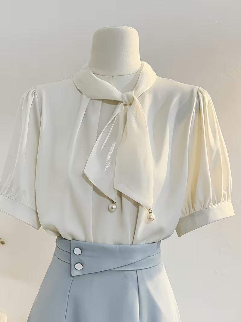 2026 Summer New Arrival French-Style Gentle Tie Bow Short Sleeve Shirt, Designer Temperament Blouse, Commuter Top