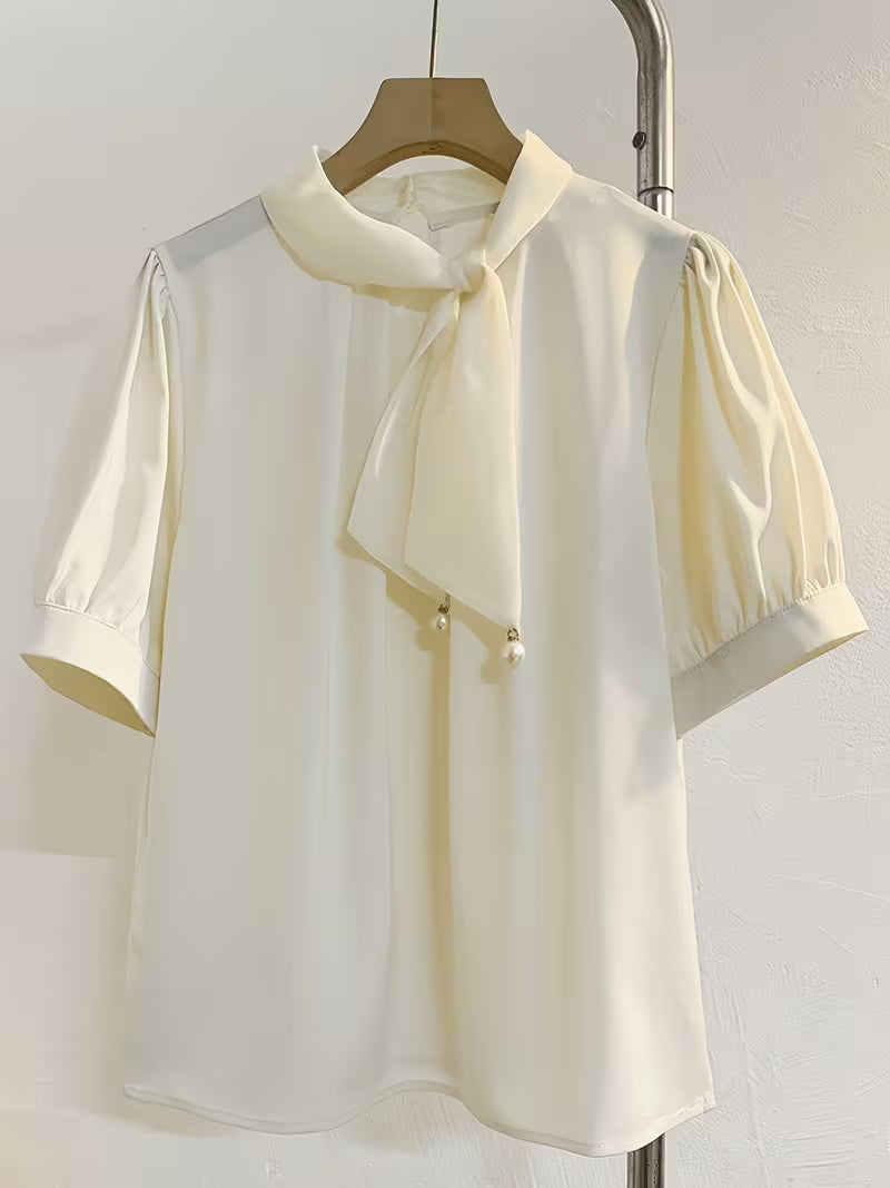 2026 Summer New Arrival French-Style Gentle Tie Bow Short Sleeve Shirt, Designer Temperament Blouse, Commuter Top