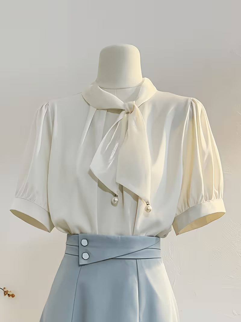 2026 Summer New Arrival French-Style Gentle Tie Bow Short Sleeve Shirt, Designer Temperament Blouse, Commuter Top