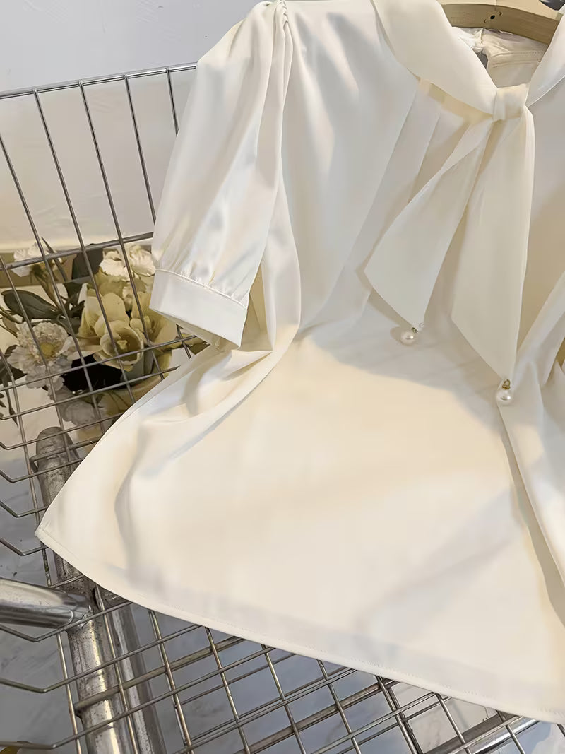 2026 Summer New Arrival French-Style Gentle Tie Bow Short Sleeve Shirt, Designer Temperament Blouse, Commuter Top