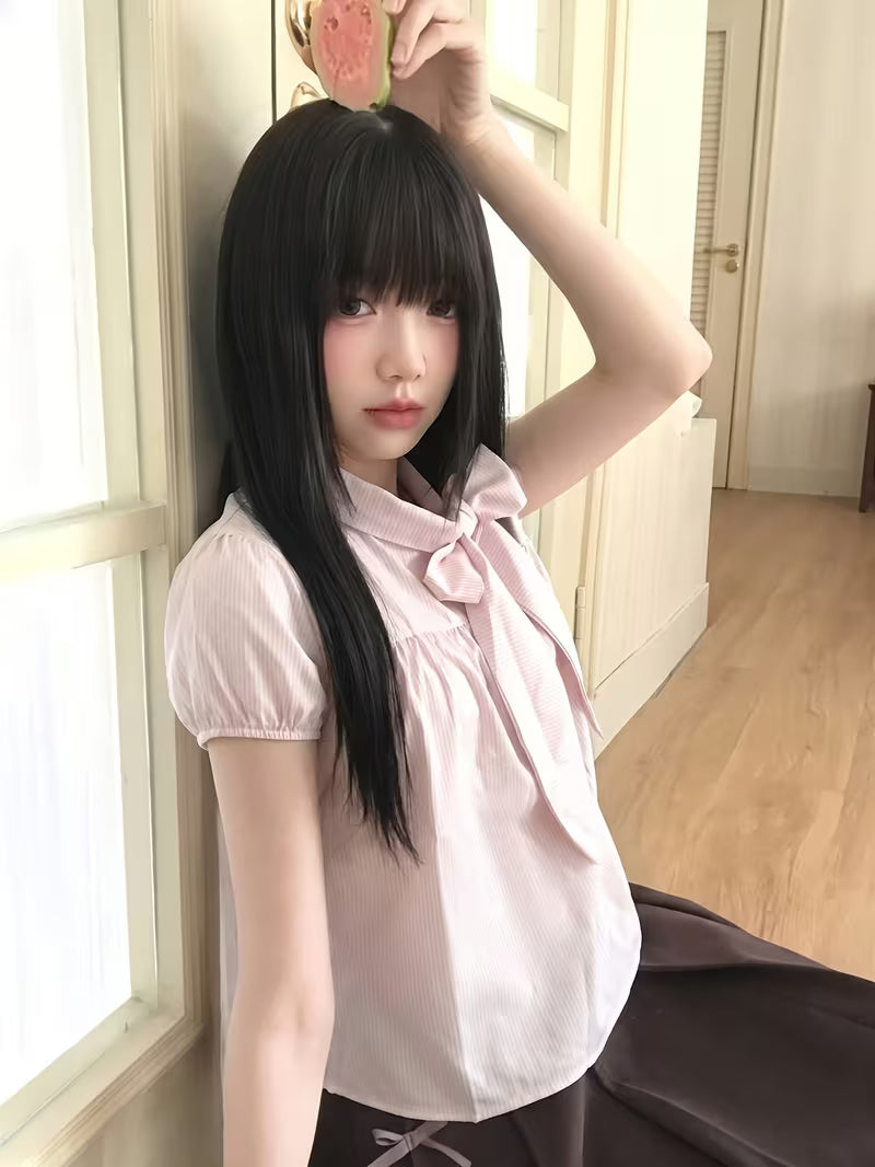 Korean-Style Bow Tie Loose Short Sleeve Versatile Women'S Top | Stand Collar, Striped Pattern, Lace-Up Details, Summer Season