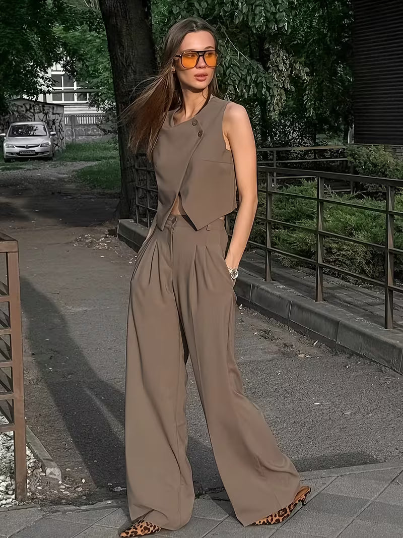 Commuter Chic Khaki Vest and Pants Two-Piece Set for Women | 2026 Spring New Arrival, Elegant Solid Color Design with Button Details