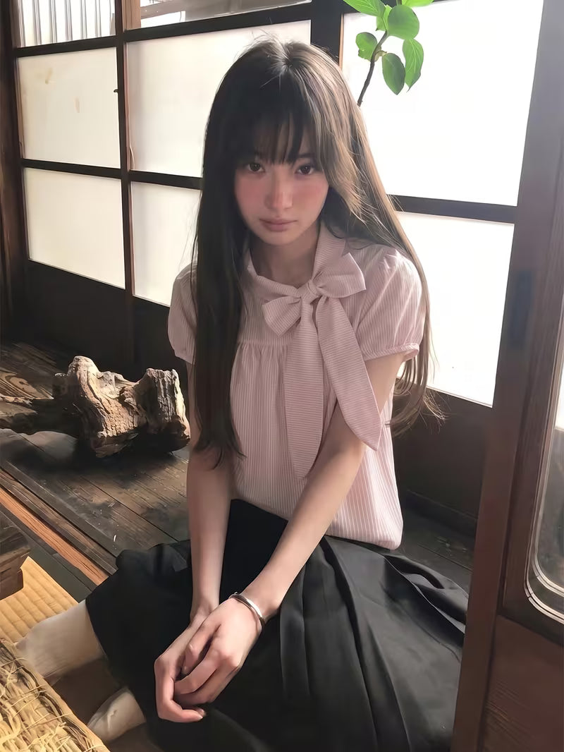 Korean-Style Bow Tie Loose Short Sleeve Versatile Women'S Top | Stand Collar, Striped Pattern, Lace-Up Details, Summer Season