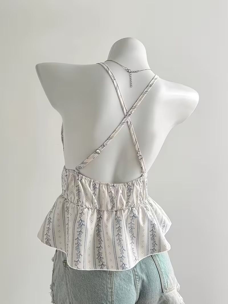 Women's Elegant Floral Neckline Fabric Backless Strapless Ruffled Trim Cropped Vest-style Top, Cute and Casual, Simple and Elegant, Versatile, Suitable for Daily Wear