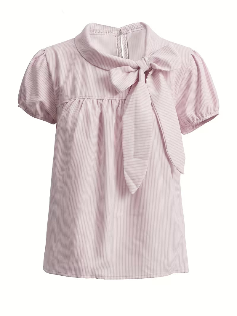 Korean-Style Bow Tie Loose Short Sleeve Versatile Women'S Top | Stand Collar, Striped Pattern, Lace-Up Details, Summer Season