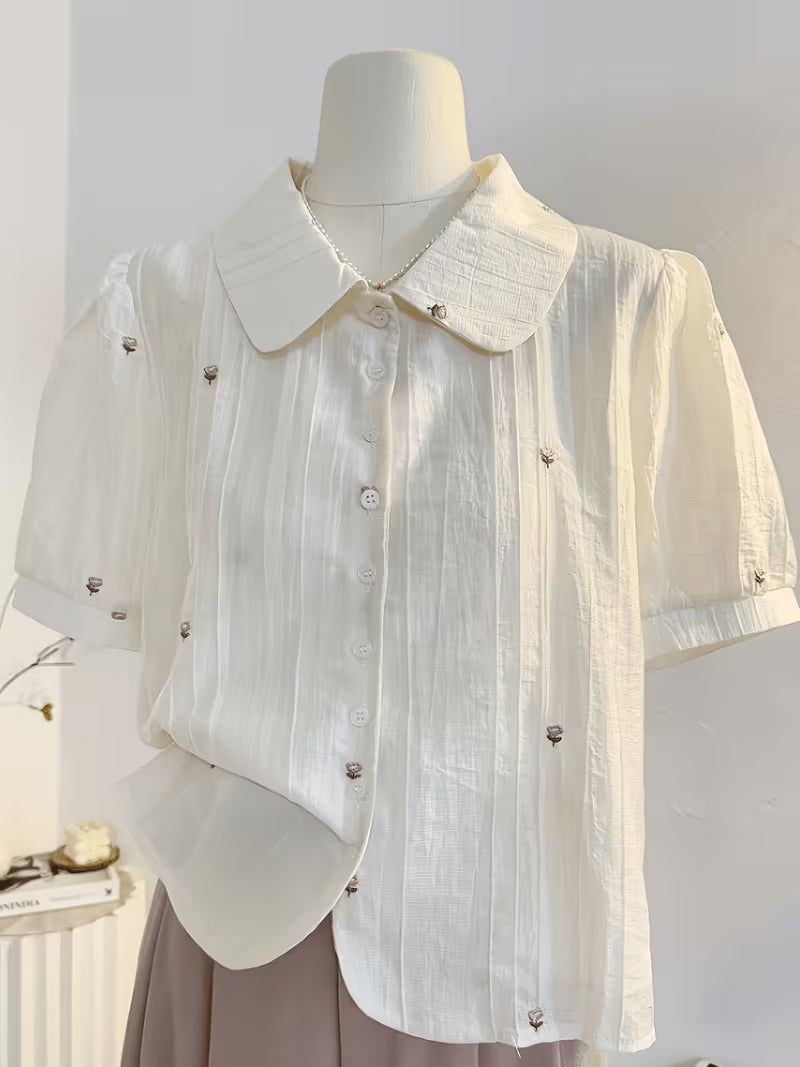 Floral Embroidered French Doll Collar Short-Sleeve Shirt, Loose And Sweet with Puff Sleeves, New Summer Collection 2026