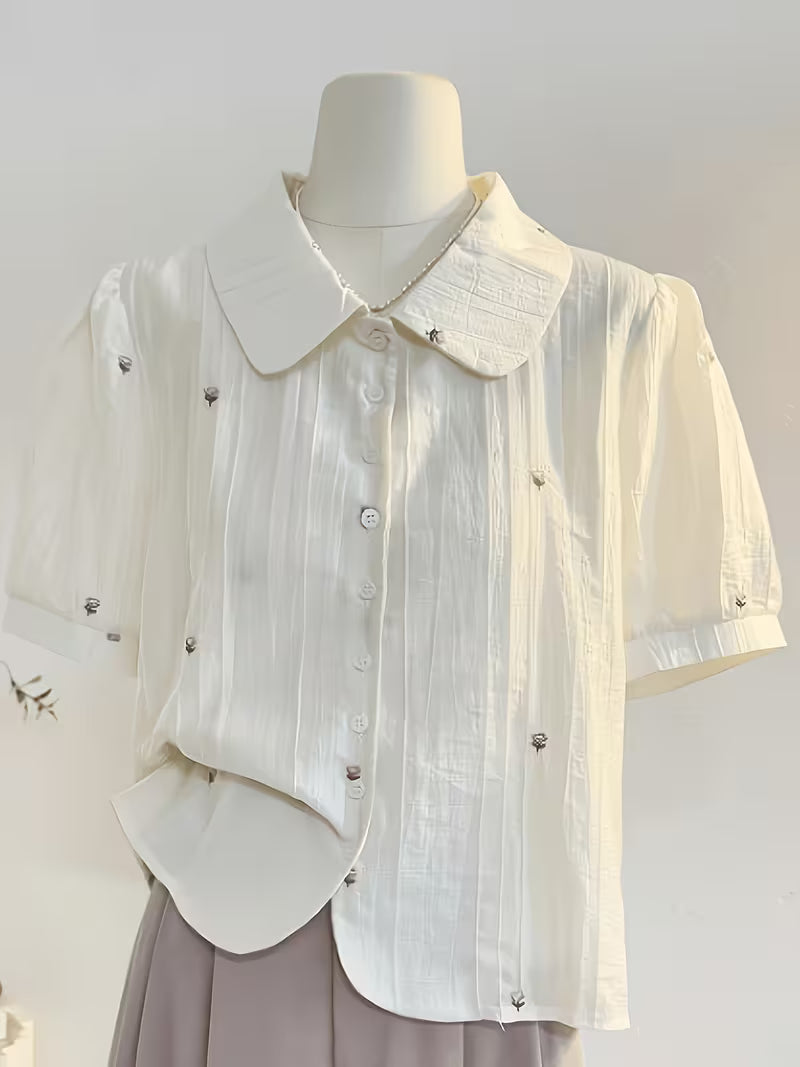 Floral Embroidered French Doll Collar Short-Sleeve Shirt, Loose And Sweet with Puff Sleeves, New Summer Collection 2026