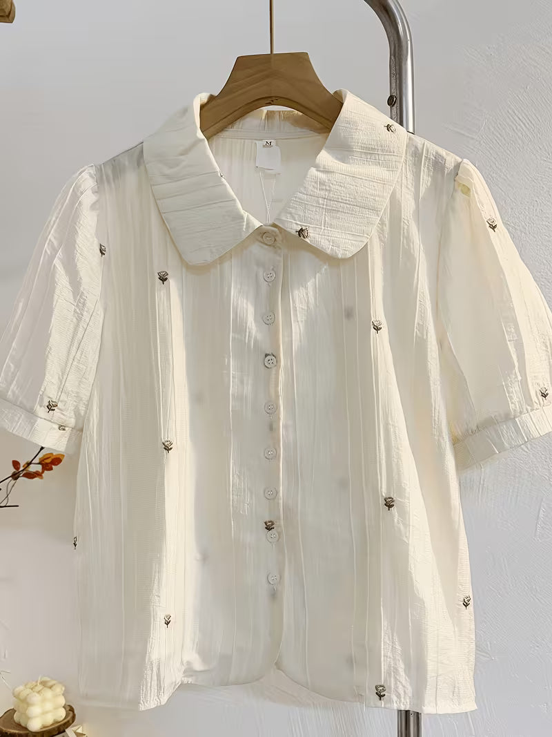 Floral Embroidered French Doll Collar Short-Sleeve Shirt, Loose And Sweet with Puff Sleeves, New Summer Collection 2026