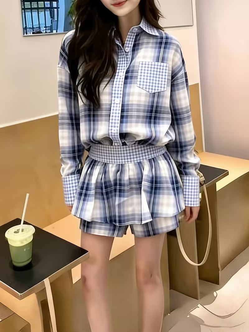 College Style Plaid Long Sleeve Shirt + Skirt Two-Piece Set for Women