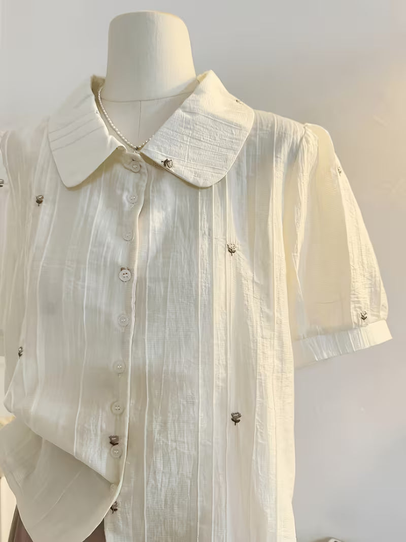 Floral Embroidered French Doll Collar Short-Sleeve Shirt, Loose And Sweet with Puff Sleeves, New Summer Collection 2026