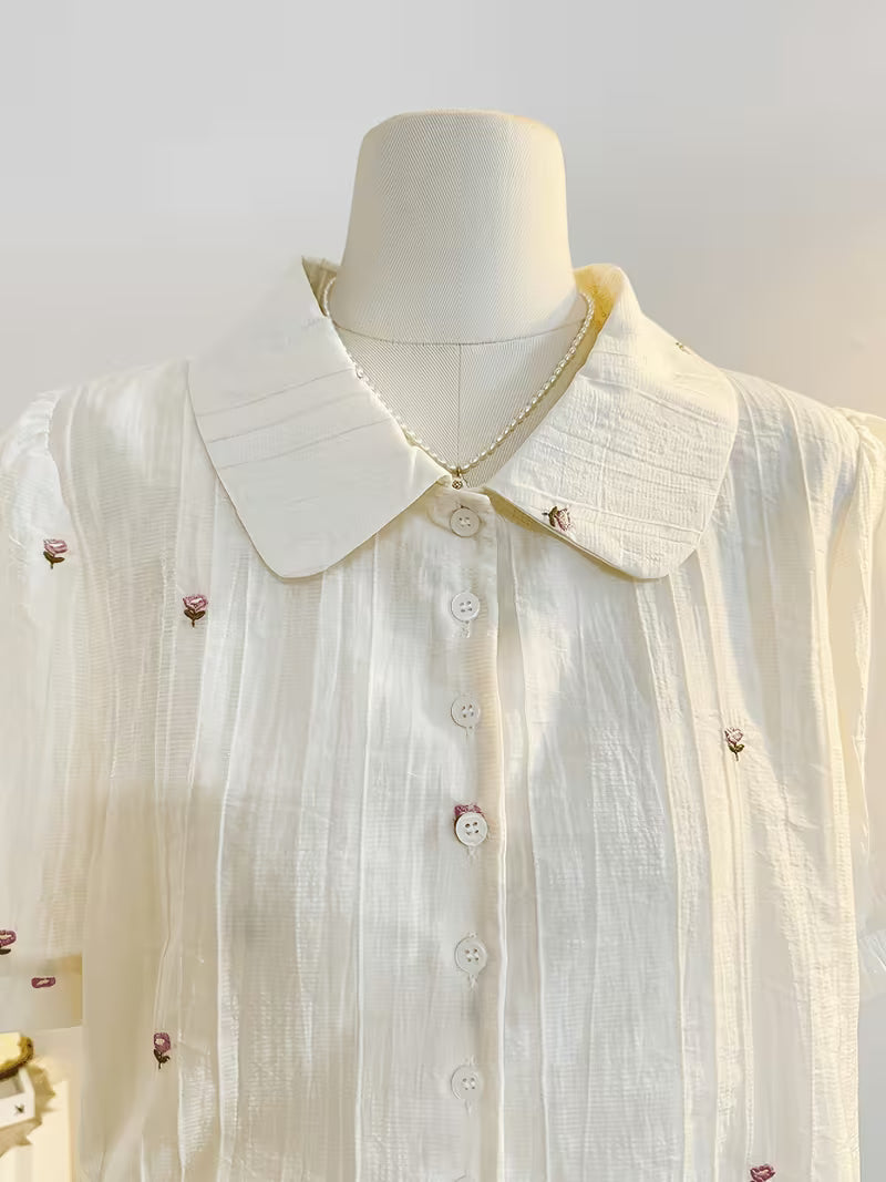Floral Embroidered French Doll Collar Short-Sleeve Shirt, Loose And Sweet with Puff Sleeves, New Summer Collection 2026