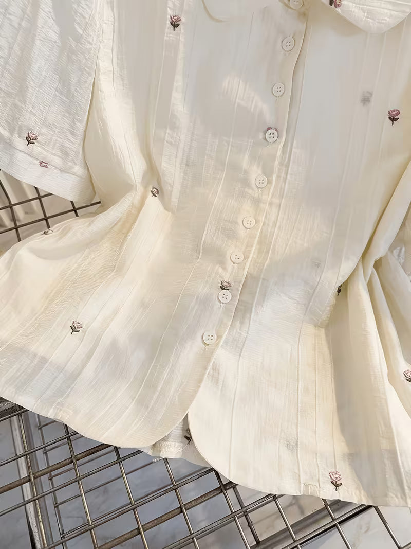 Floral Embroidered French Doll Collar Short-Sleeve Shirt, Loose And Sweet with Puff Sleeves, New Summer Collection 2026