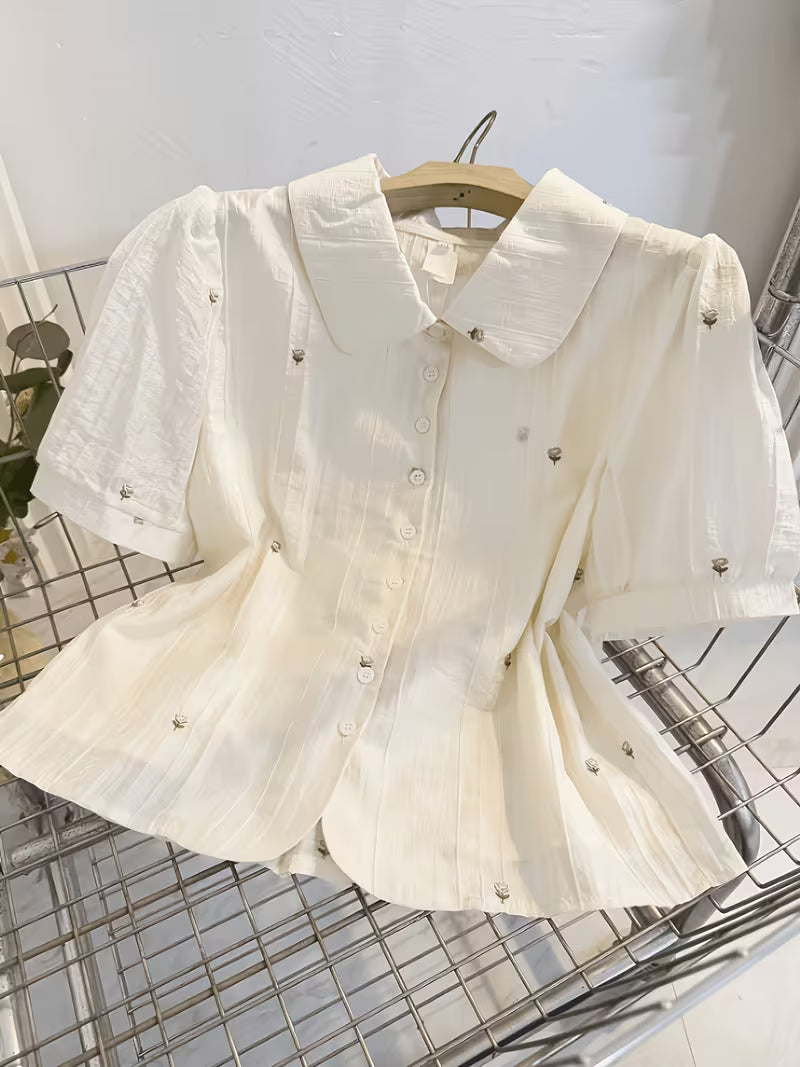 Floral Embroidered French Doll Collar Short-Sleeve Shirt, Loose And Sweet with Puff Sleeves, New Summer Collection 2026