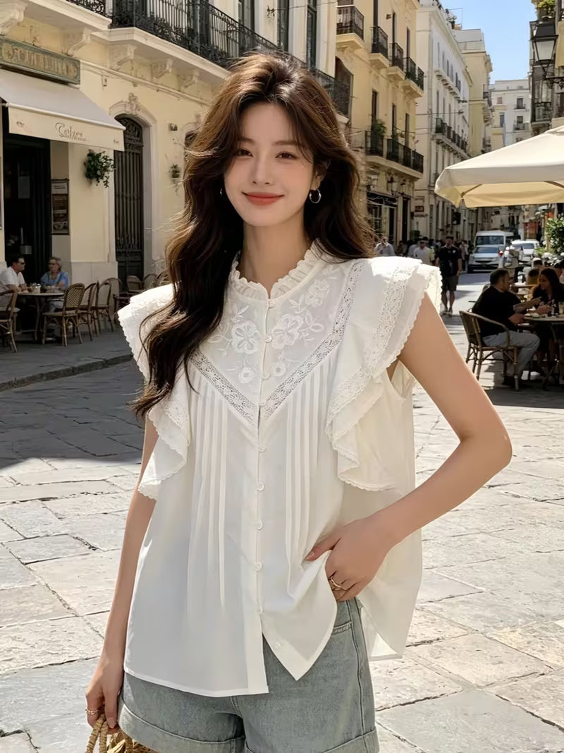 Women's French Style White Embroidered Stand Collar Ruffle Sleeve Blouse Elegant Soft Style Top
