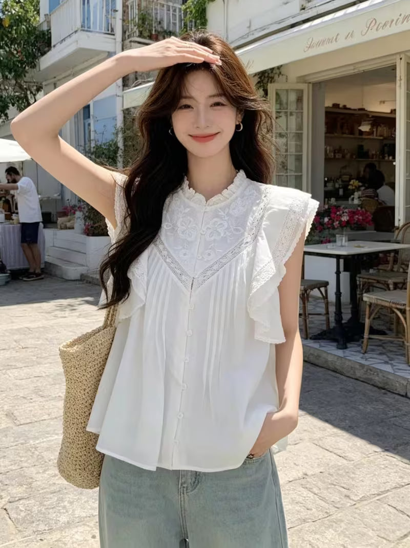 Women's French Style White Embroidered Stand Collar Ruffle Sleeve Blouse Elegant Soft Style Top