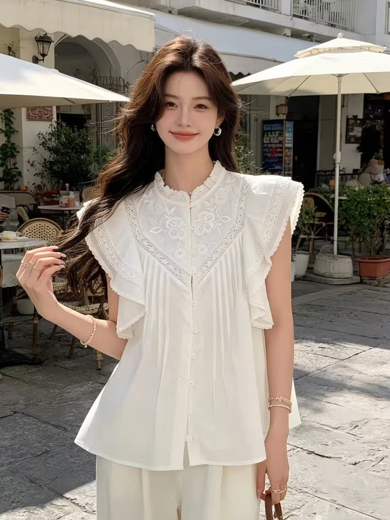 Women's French Style White Embroidered Stand Collar Ruffle Sleeve Blouse Elegant Soft Style Top