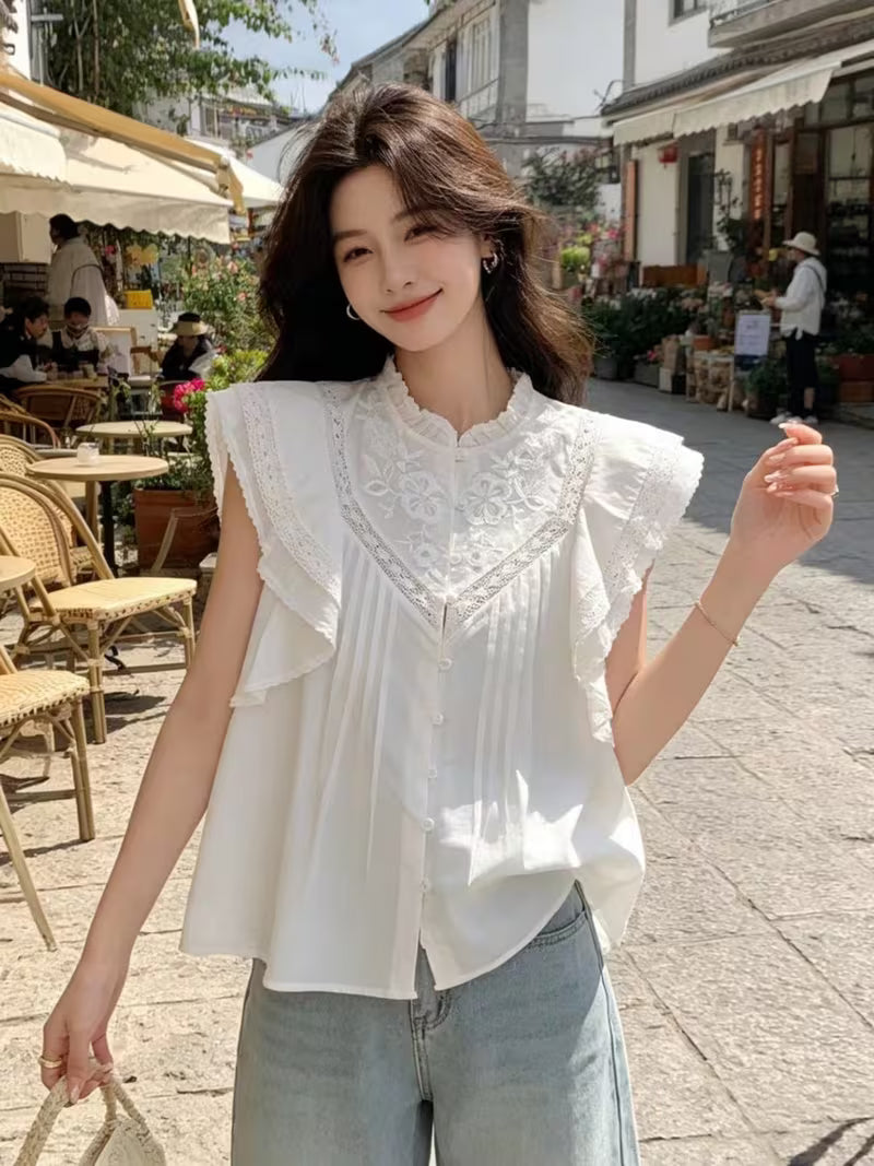 Women's French Style White Embroidered Stand Collar Ruffle Sleeve Blouse Elegant Soft Style Top
