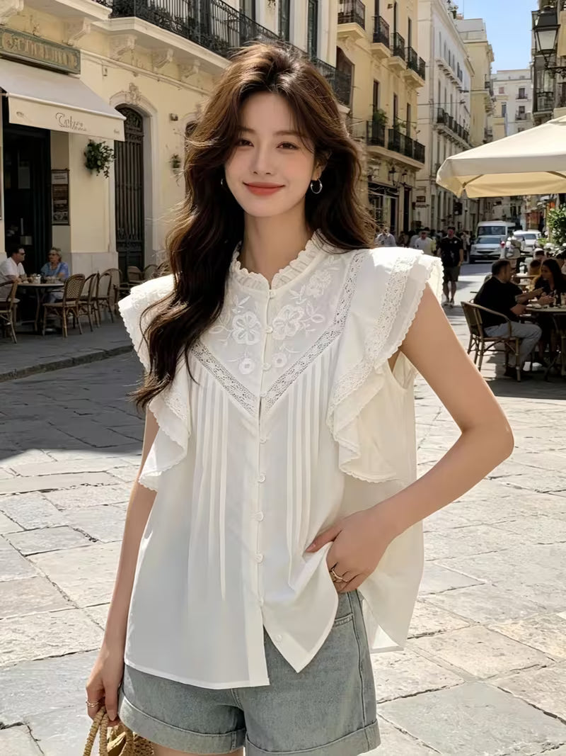 Women's French Style White Embroidered Stand Collar Ruffle Sleeve Blouse Elegant Soft Style Top