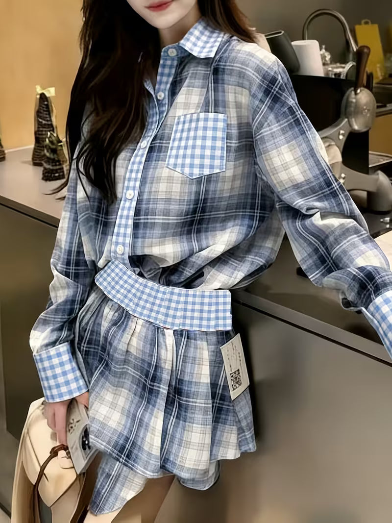 College Style Plaid Long Sleeve Shirt + Skirt Two-Piece Set for Women