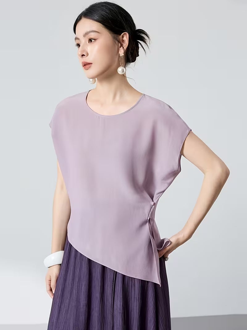 Crepe Blouse Women'S New Chinese Style Batwing Asymmetrical Button-Front Loose Women'S T-Shirt