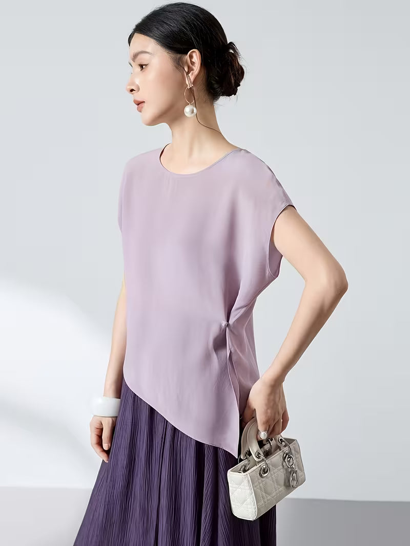 Crepe Blouse Women'S New Chinese Style Batwing Asymmetrical Button-Front Loose Women'S T-Shirt