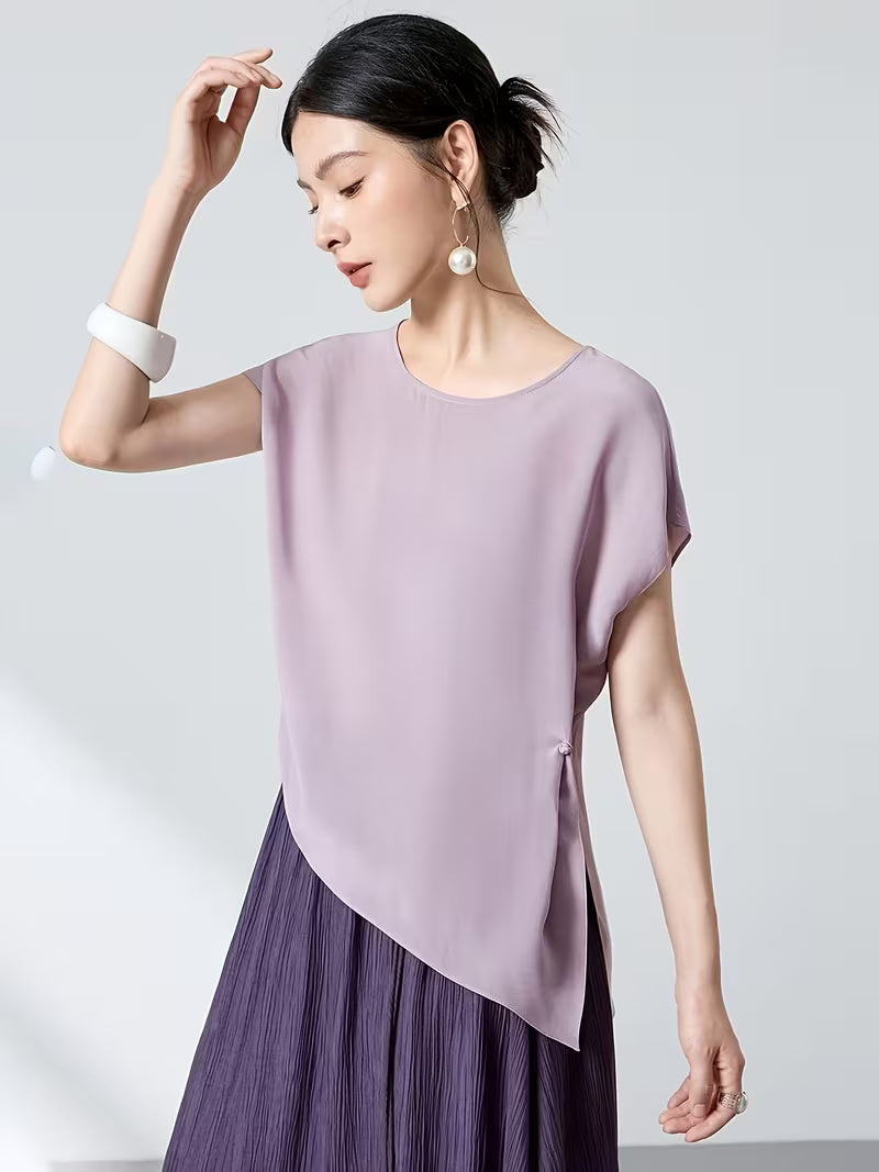 Crepe Blouse Women'S New Chinese Style Batwing Asymmetrical Button-Front Loose Women'S T-Shirt