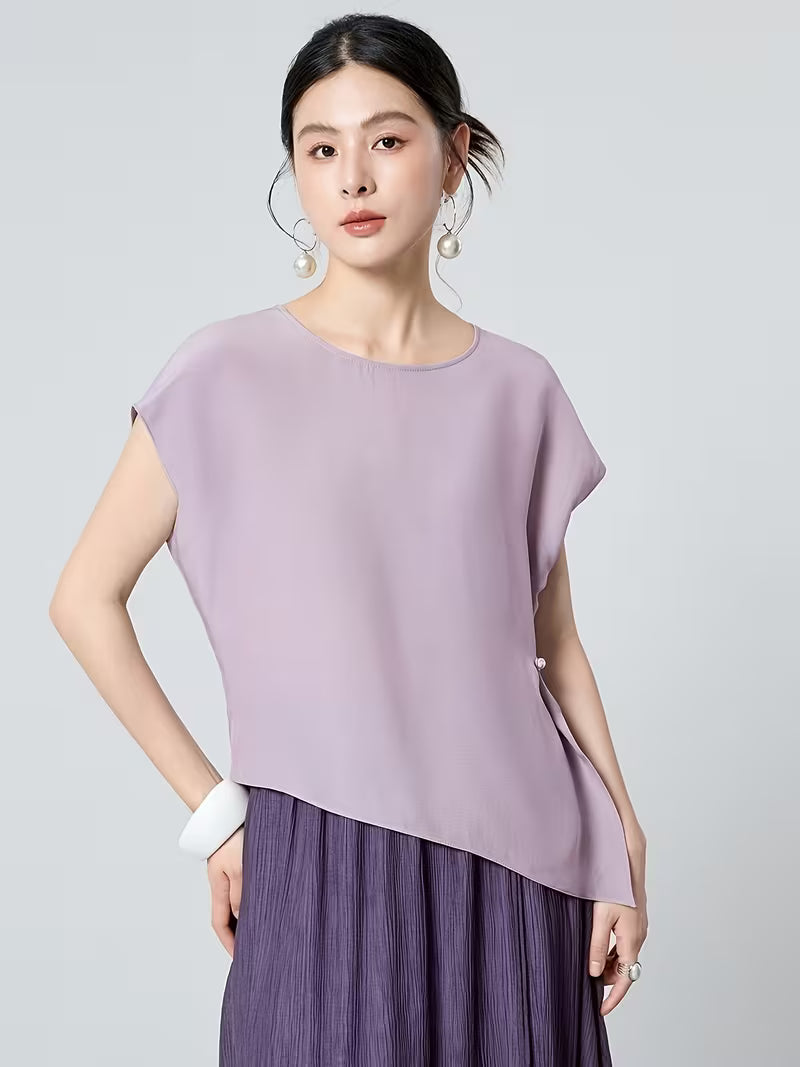 Crepe Blouse Women'S New Chinese Style Batwing Asymmetrical Button-Front Loose Women'S T-Shirt