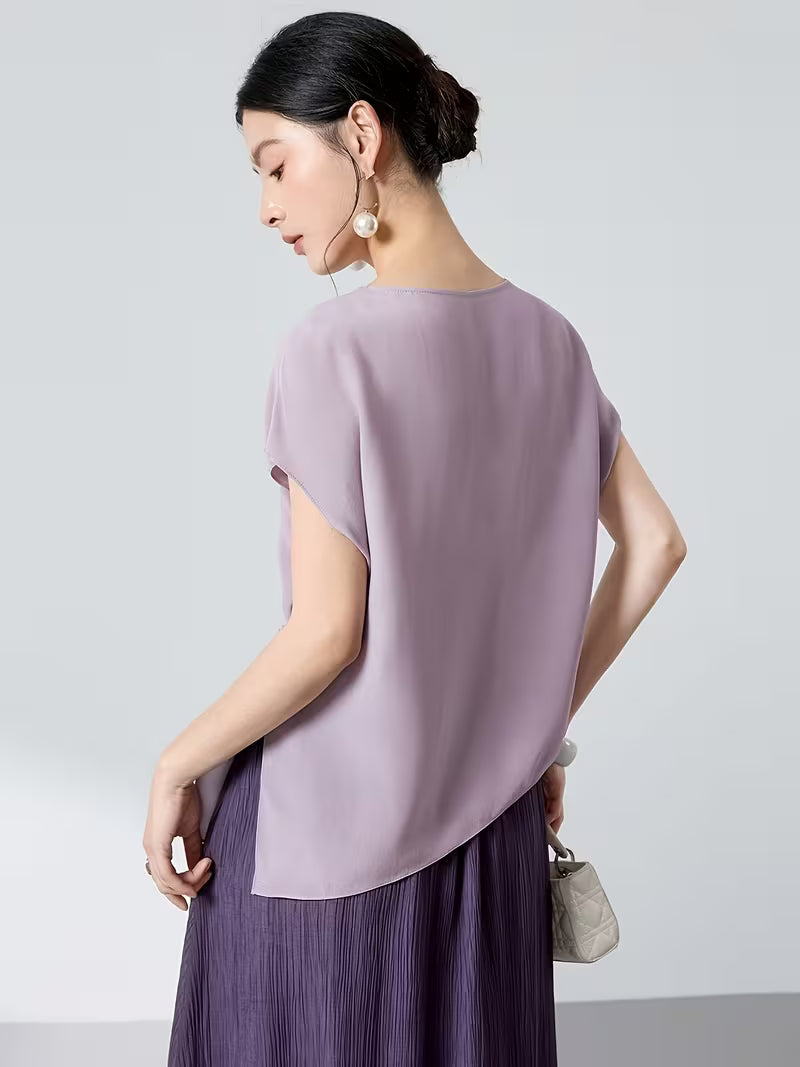 Crepe Blouse Women'S New Chinese Style Batwing Asymmetrical Button-Front Loose Women'S T-Shirt
