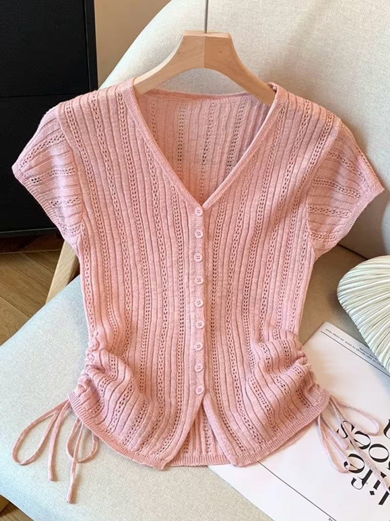French Style V-Neck Short Sleeve Top for Women, Slim Waist Tie Side Summer Blouse