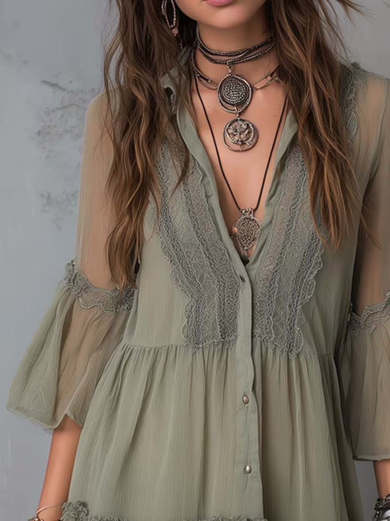 Lace Dress - Women's Olive Green V-Neck Long Sleeve Edgy Boho Vintage Festival &amp; Date Outfit Unique Ladies Dresses Flounce Sleeve Ruffle Hem