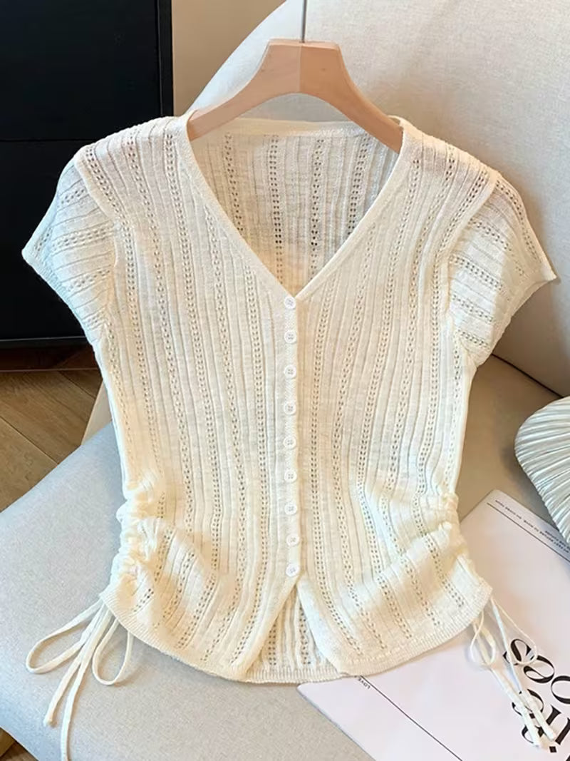 French Style V-Neck Short Sleeve Top for Women, Slim Waist Tie Side Summer Blouse