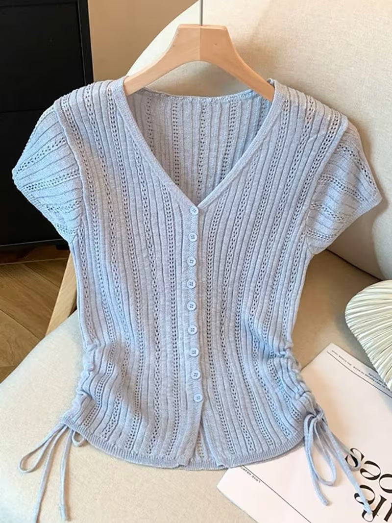 French Style V-Neck Short Sleeve Top for Women, Slim Waist Tie Side Summer Blouse