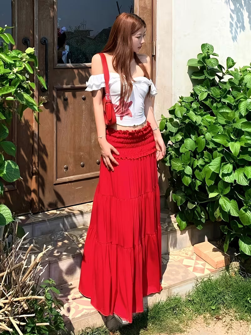 Women'S 2026 Two Piece Outfit, Off Shoulder Floral Print Crop Top And Ruffled Tiered Maxi Skirt Set for Casual Summer Wear