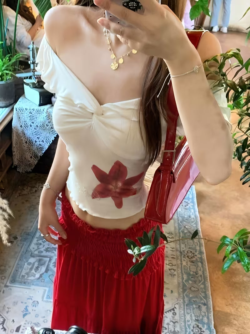Women'S 2026 Two Piece Outfit, Off Shoulder Floral Print Crop Top And Ruffled Tiered Maxi Skirt Set for Casual Summer Wear