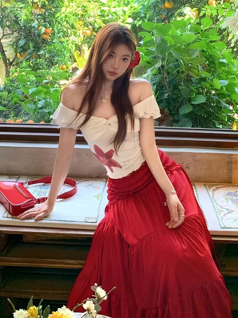 Women'S 2026 Two Piece Outfit, Off Shoulder Floral Print Crop Top And Ruffled Tiered Maxi Skirt Set for Casual Summer Wear