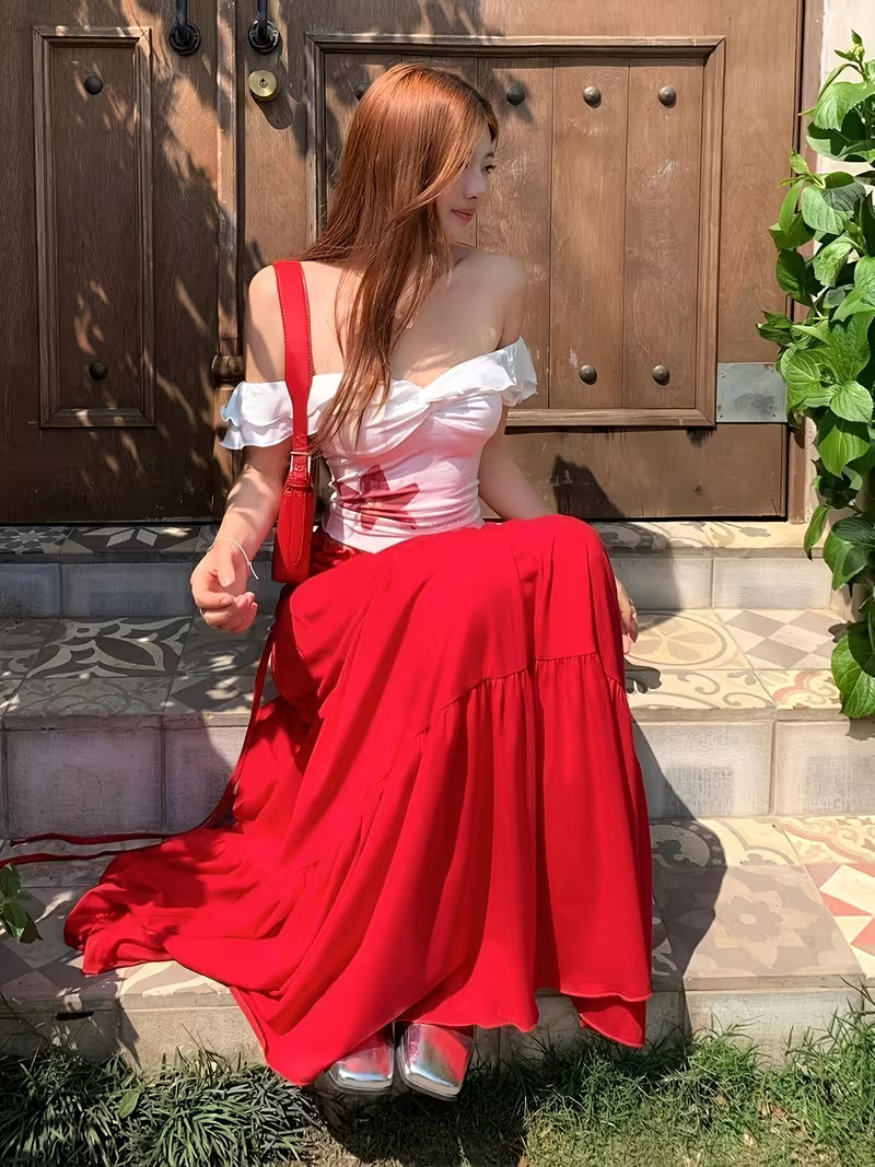 Women'S 2026 Two Piece Outfit, Off Shoulder Floral Print Crop Top And Ruffled Tiered Maxi Skirt Set for Casual Summer Wear