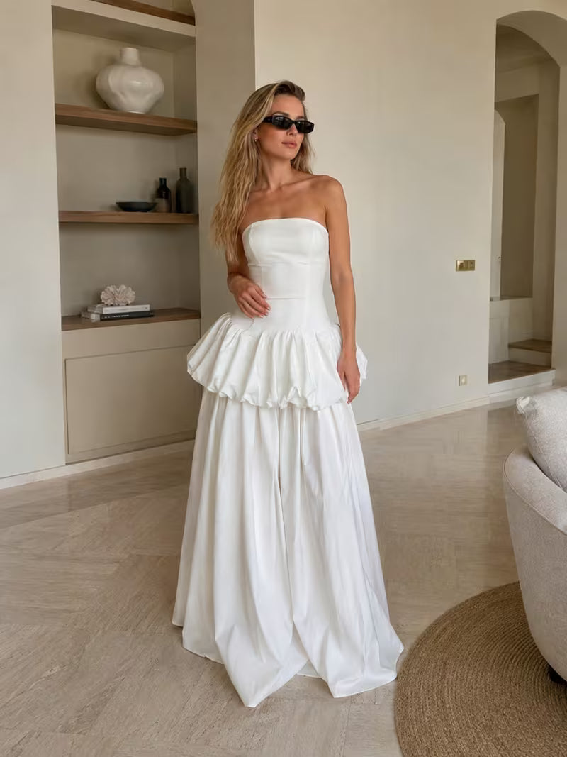 Women's Strapless Maxi Dress with Tube Top & Ruched Bubble Peplum Hem - Asymmetric Tunic Floor-Length Gown