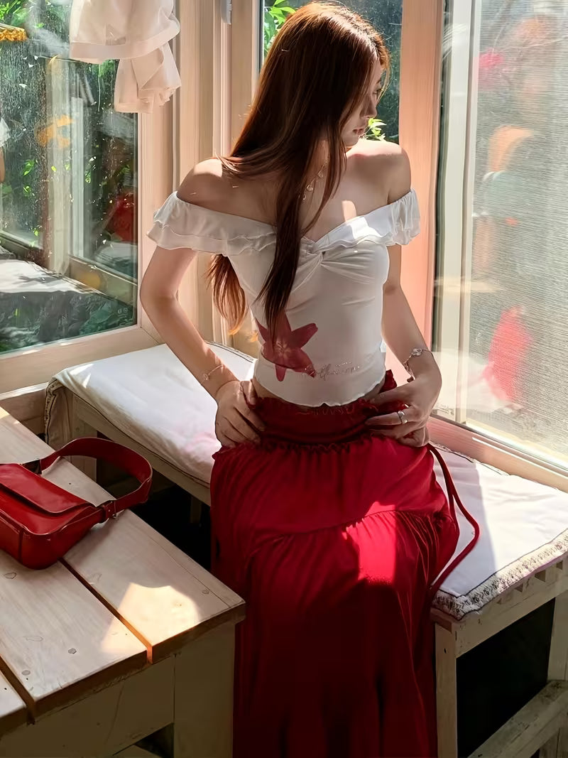 Women'S 2026 Two Piece Outfit, Off Shoulder Floral Print Crop Top And Ruffled Tiered Maxi Skirt Set for Casual Summer Wear