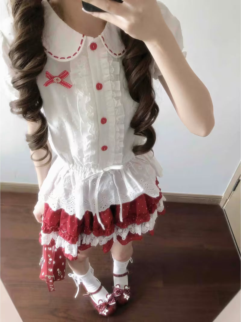 2026 Summer New Japanese Sweet Berry Print Blouse & Mini Skirt Set - Cute Bow Lace Trim Petite Outfit for Daily & Party Wear