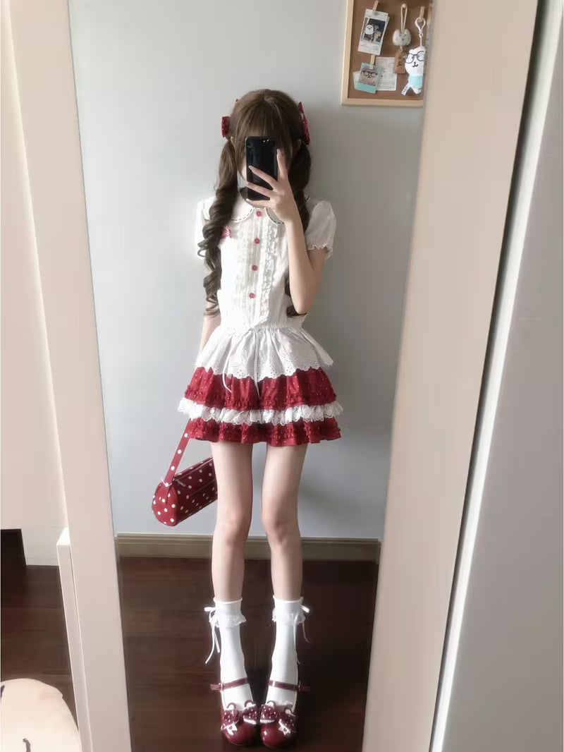 2026 Summer New Japanese Sweet Berry Print Blouse & Mini Skirt Set - Cute Bow Lace Trim Petite Outfit for Daily & Party Wear