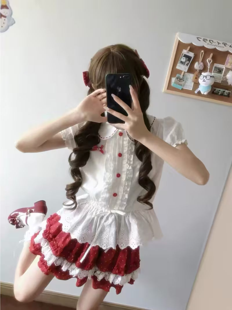 2026 Summer New Japanese Sweet Berry Print Blouse & Mini Skirt Set - Cute Bow Lace Trim Petite Outfit for Daily & Party Wear