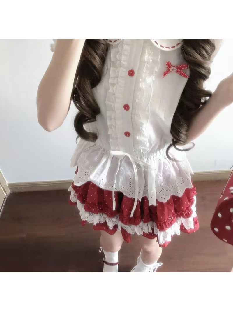 2026 Summer New Japanese Sweet Berry Print Blouse & Mini Skirt Set - Cute Bow Lace Trim Petite Outfit for Daily & Party Wear