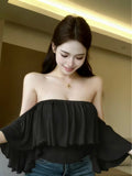 Women'S Off-Shoulder Ruffled Crop Top, Y2K Strapless Ruffled Sleeve Top, Vintage Style Exquisite Slim-Fit Tube Top Suitable for Streetwear