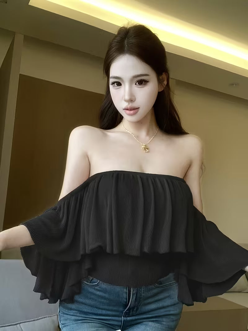 Women'S Off-Shoulder Ruffled Crop Top, Y2K Strapless Ruffled Sleeve Top, Vintage Style Exquisite Slim-Fit Tube Top Suitable for Streetwear